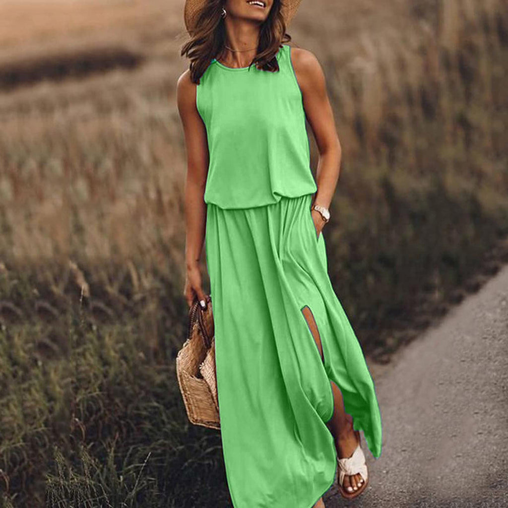 Women Summer Dresses Fashion Side Slit Long Dress With Pockets Vestidos Solid Casual O-Neck Sleeveless A-Line Sundress For Holiday What Else You Got?