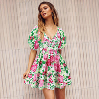 Blooming Beauty: Floral V-Neck Lantern Sleeve Dress