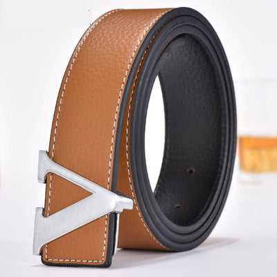 Unisex Smooth Buckle Leather Belt – V-Buckle Stitched Design
