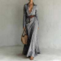 Elegant Women's Pleated Midi Dress with Belt – Slim-Fit Plaid Dress for Every Occasion