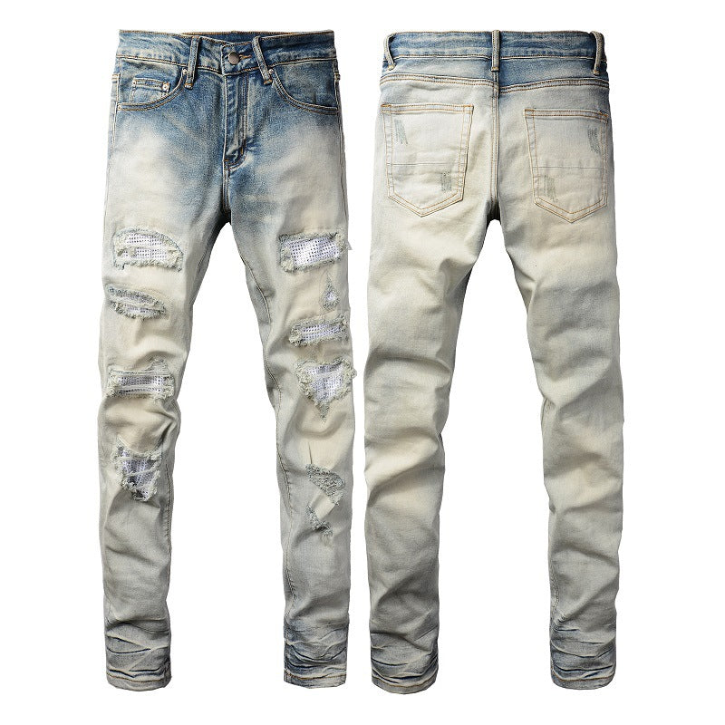 Street Trend Men's Distressed Hole & Patch Diamond Denim Jeans - Slim Fit Casual Wear