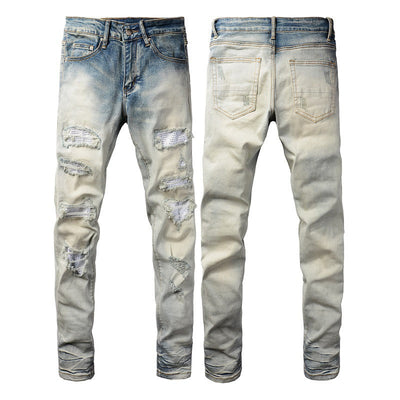Street Trend Men's Distressed Hole & Patch Diamond Denim Jeans - Slim Fit Casual Wear