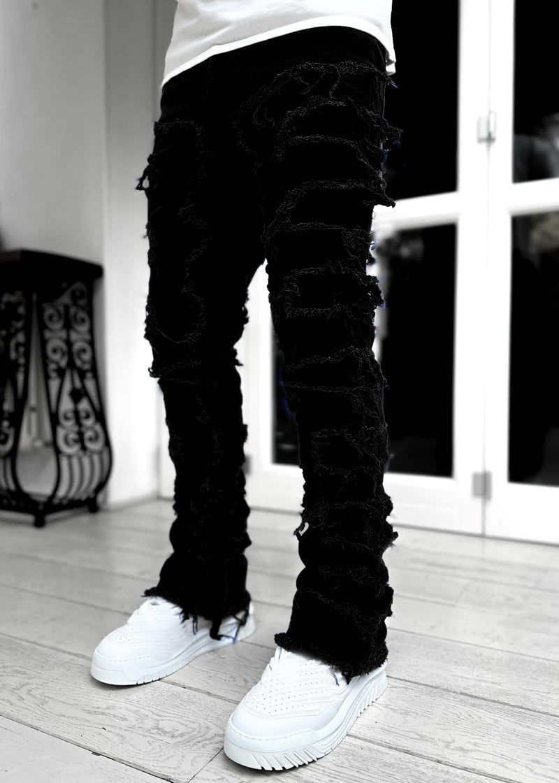 Men’s Stacked Ripped Patch Jeans – INS Fringe Streetwear Slim Fit Trousers What Else You Got?