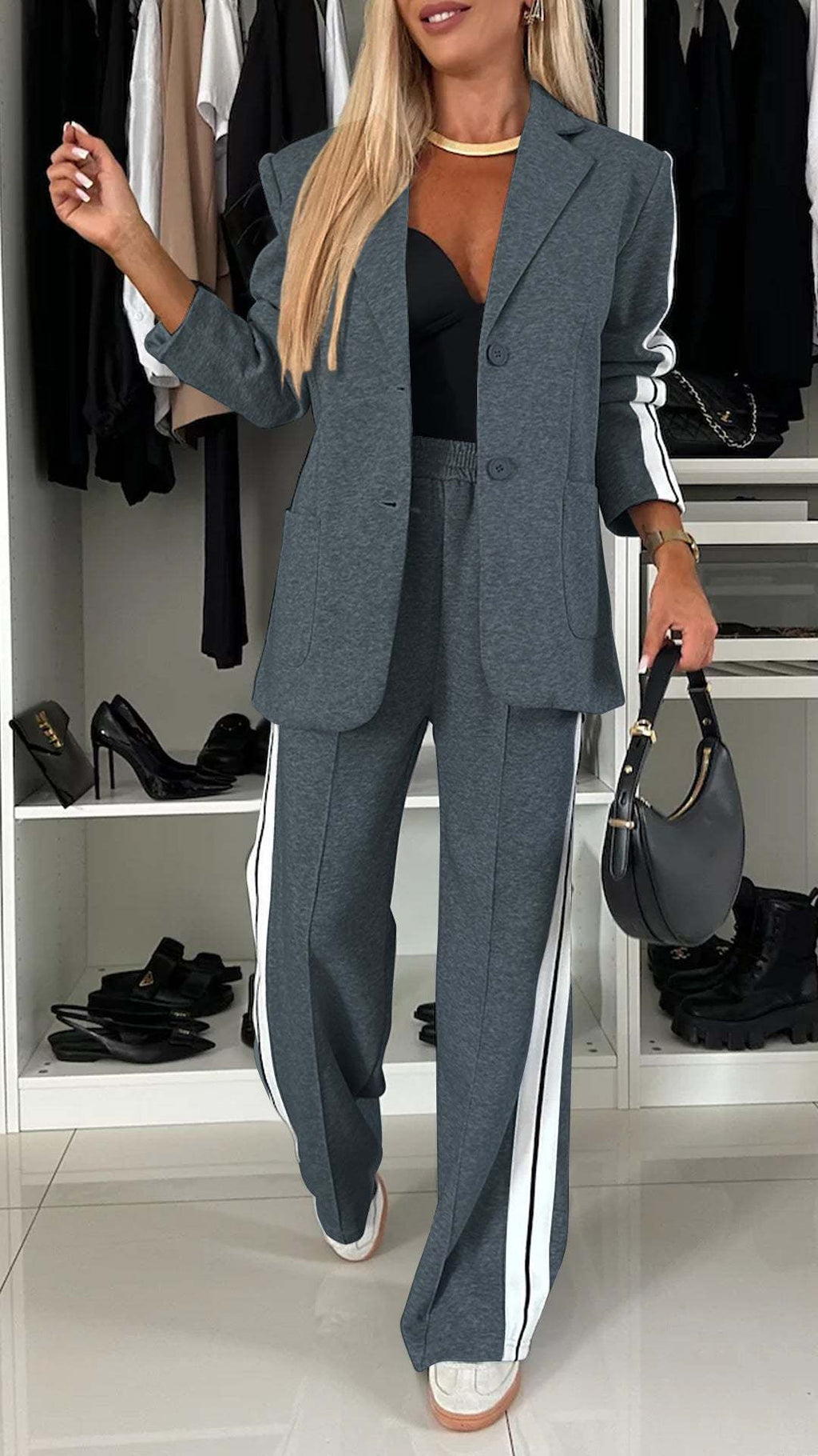 Women's Casual Suit Lapel Single-breasted Jacket And Striped Straight Pants Fashion Sports Trousers Suit Outerwears Clothing What Else You Got?