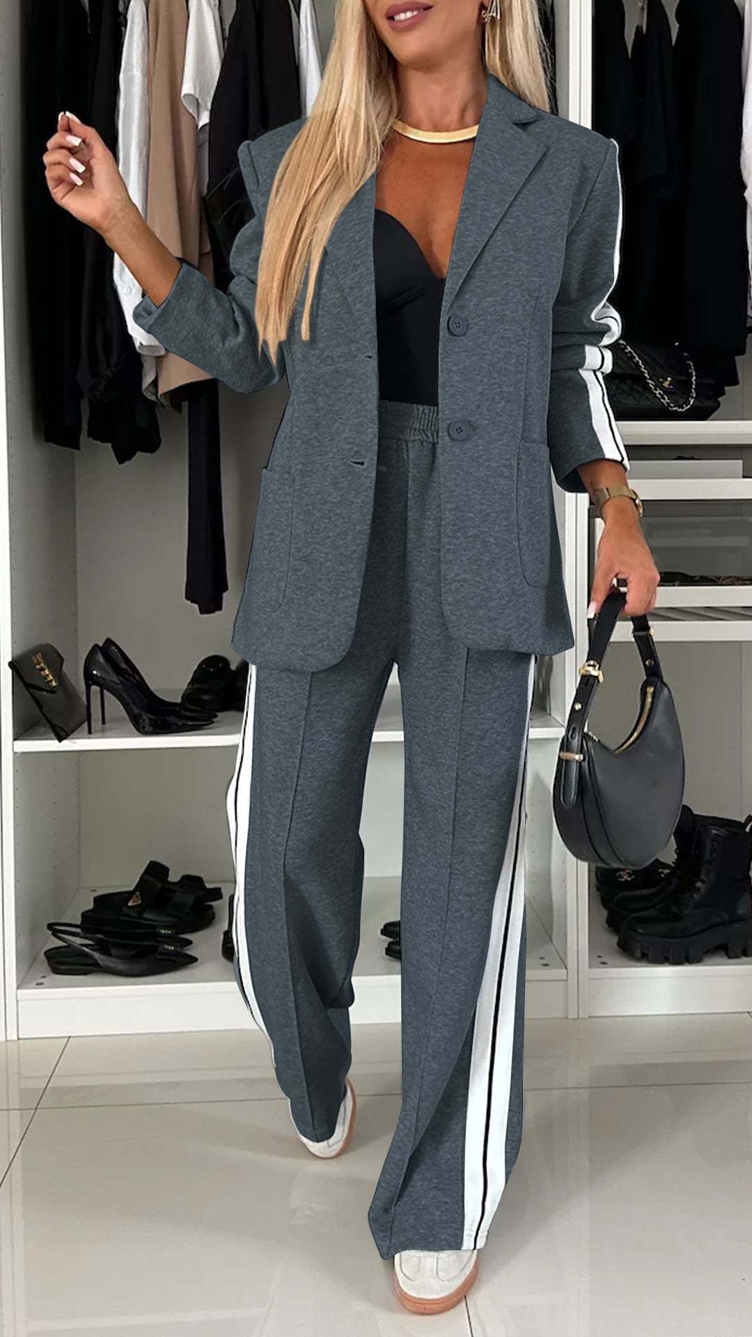 Women's Casual Suit Lapel Single-breasted Jacket And Striped Straight Pants Fashion Sports Trousers Suit Outerwears Clothing What Else You Got?