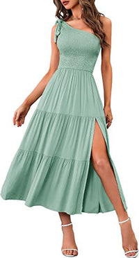 Elegant One-Shoulder Pleated Dress with Flirty Split Hem – Summer Chic