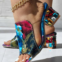 Women's Fish-Mouth Rhinestone Sandals – Thick Heel Denim Sandals