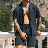 Men's Summer Beach Suit - Lightweight 2-Piece Lapel Shirt & Shorts Set in Cotton Blend