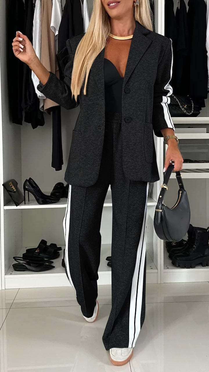 Women's Casual Suit Lapel Single-breasted Jacket And Striped Straight Pants Fashion Sports Trousers Suit Outerwears Clothing What Else You Got?