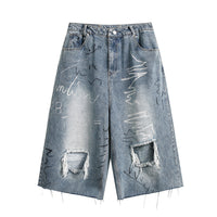 Men's Distressed Graffiti Jeans – Cropped Denim Pants