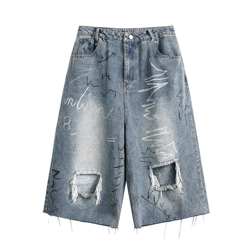 Men's Distressed Graffiti Jeans – Cropped Denim Pants