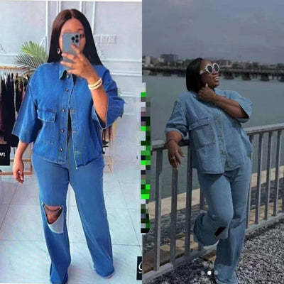 Stylish Two-Piece Denim Set with Personality Shirt - Trendy & Comfortable