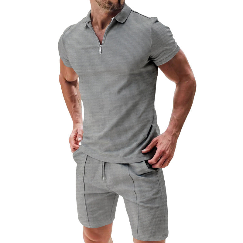 2Pcs Casual Waffle Suit Summer Zipper Lapel Short-sleeved Top And Drawstring Pockets Shorts Versatile Solid Color T-shirt Set For Mens Clothing What Else You Got?