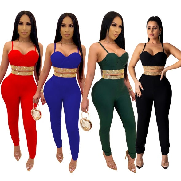 Strapless Sexy Off-Shoulder Club Hot Rhinestone Skinny Set