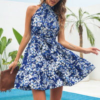 Graceful Floral Halterneck Dress with Lace-Up Ruffles - Summer Elegance for Women