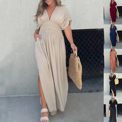 Elegant Bat-Sleeve Maxi Dress – V-Neck Slit with Elastic Waist for Summer | Summer Elegance