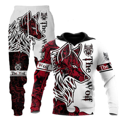 Bold 3D Wolf Print Tracksuit - Men's Hooded Jogging Set for Fitness & Streetwear