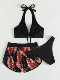 Tropical Leaf Print 3-Piece Bikini Set with Stylish Shorts Cover-Up
