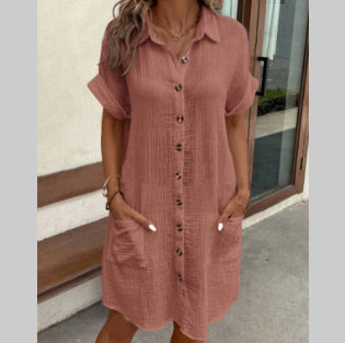Summer Short Sleeve Shirt Dress Fashion Solid Color Single-breasted Mid-length Loose Dress What Else You Got?