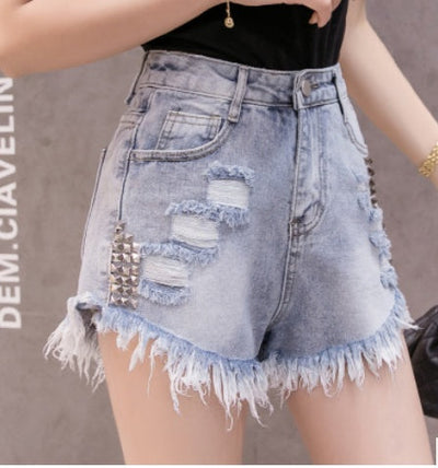 Trendy Women's High Waist Studded Distressed Denim Shorts 2026 - Summer Cutoffs with Gold Studs (S-XL)
