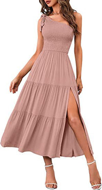 Elegant One-Shoulder Pleated Dress with Flirty Split Hem – Summer Chic