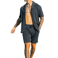 Men's Summer Beach Suit - Lightweight 2-Piece Lapel Shirt & Shorts Set in Cotton Blend
