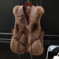 Women’s Faux Fur Vest – Sleeveless Winter Layering Coat in Milk Tea & Camel