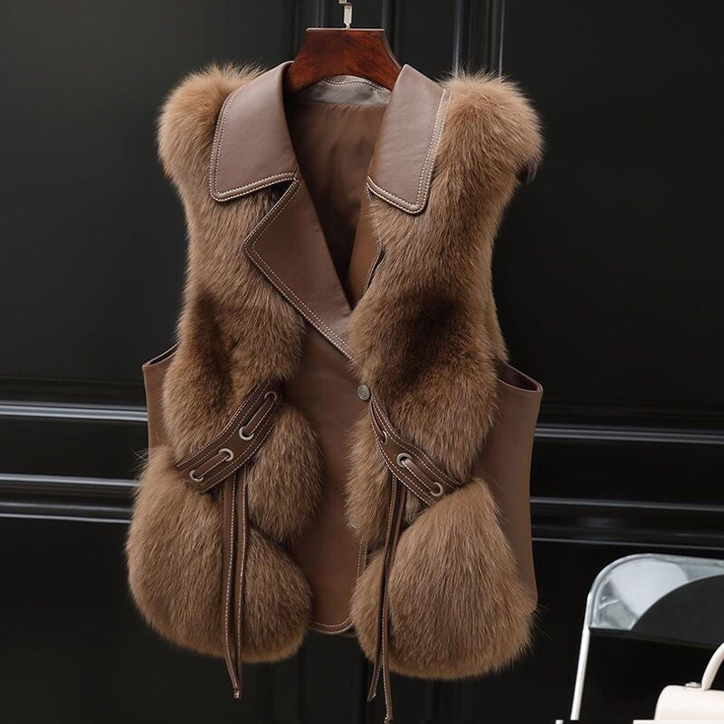 Women’s Winter Faux Fur Vest – Short Patchwork Warm Sleeveless Coat (Milk Tea & Camel) What Else You Got?