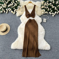 Elegant Two-Piece Knitted Vest with Slimming Slit Skirt - Modest & Stylish