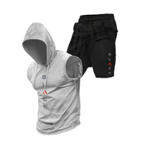 Running Fitness Printed Hooded Sleeveless Tank Top And Shorts Set