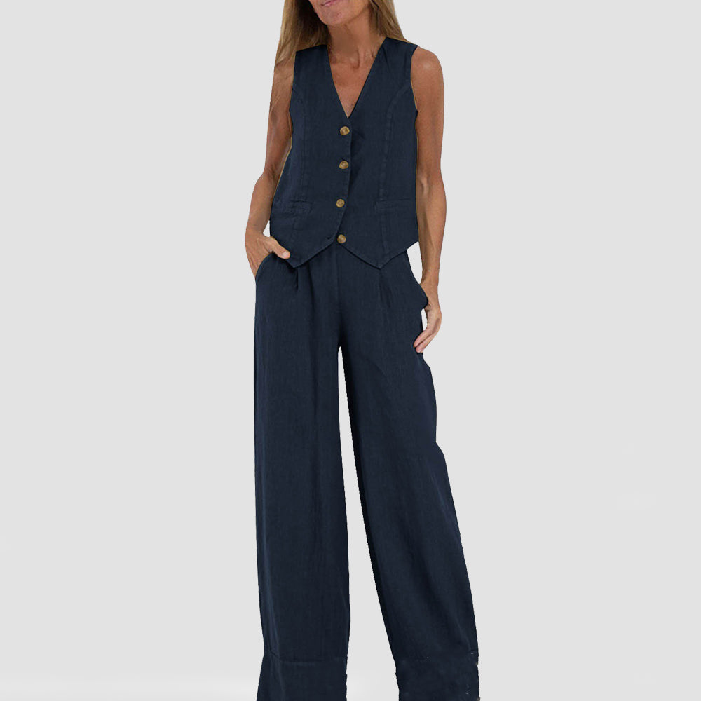 Summer Vest Suits V-neck Botton Sleeveless Top And Loose Straight Trousers Casual Womens Clothing What Else You Got?