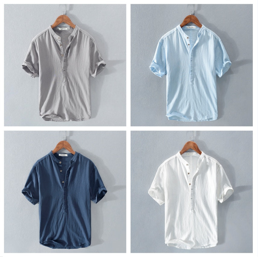 Men's Stand Collar Japanese Ice Silk Linen Short Sleeve T-shirt What Else You Got?