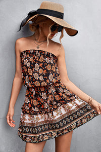 Vibrant Boho Floral Strapless Mini Dress – High Waist A-Line Beach Party Dress in Black & Orange