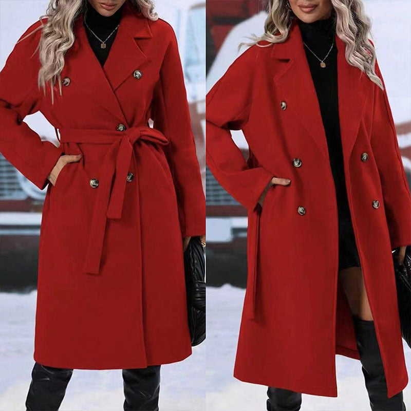 Lapel Double-breasted Trench Coat With Belt Winter Fashion Solid Color Long Jacket Outwear Women Clothing What Else You Got?