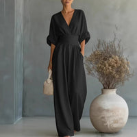 Elegant Waist-Cinching V-Neck Jumpsuit for Women - Modest & Stylish | Christian Fashion