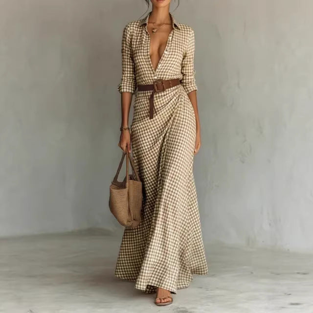 Elegant Women's Pleated Midi Dress with Belt – Slim-Fit Plaid Dress for Every Occasion