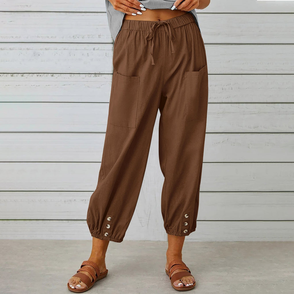 Women Drawstring Tie Pants Spring Summer Cotton And Linen Trousers With Pockets Button What Else You Got?