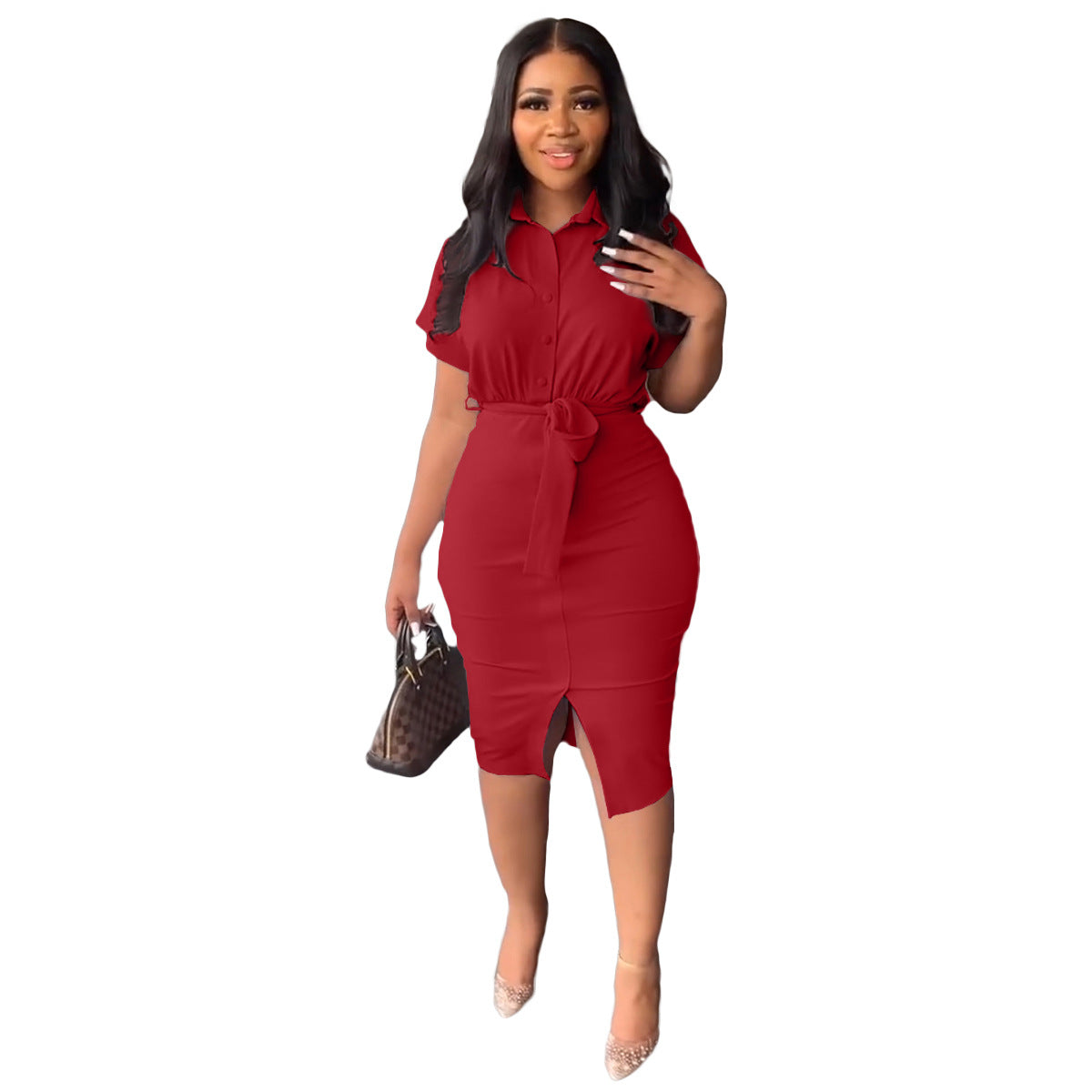 Spring And Summer Short Sleeve Split Shirt Dress With Belt What Else You Got?