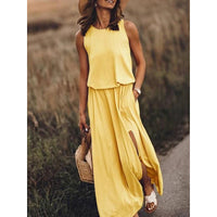 Elegant Women's Summer Dresses - Side Slit A-Line Sundress with Pockets (Solid Casual O-Neck Sleeveless)