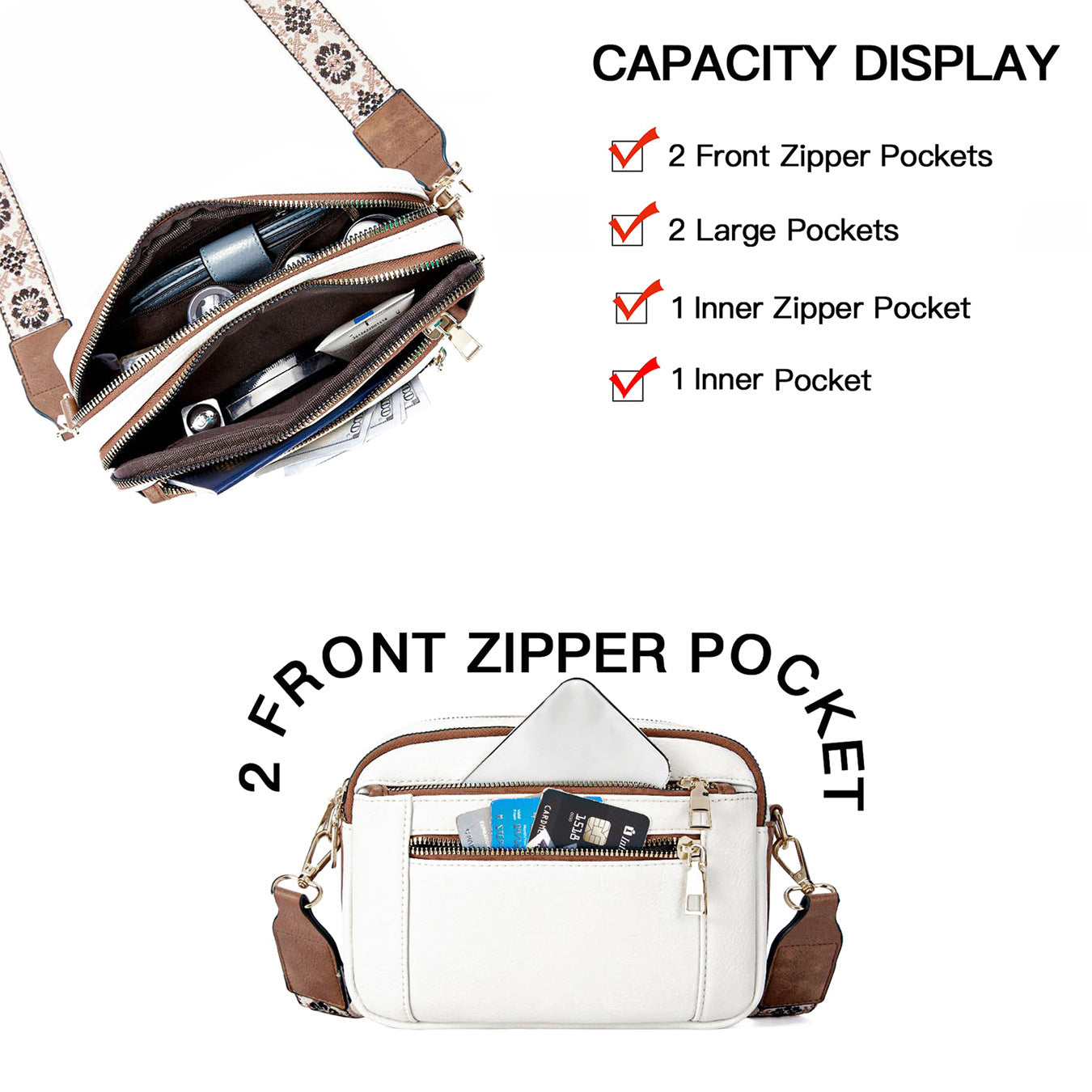 Triple-zipper Shoulder Bag With Floral Embroidered Straps Fashion Colorblock Multi-functional Crossbody Bags For Women What Else You Got?