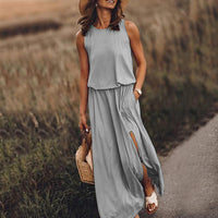 Elegant Women's Summer Dresses - Side Slit A-Line Sundress with Pockets (Solid Casual O-Neck Sleeveless)
