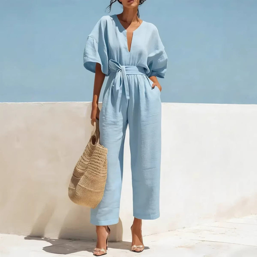 Fashionable V-Neck Solid Color Cotton-Linen Jumpsuit For Women What Else You Got?