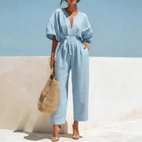 Women's V-Neck Cotton-Linen Jumpsuit – Breathable Summer Chic & Timeless Elegance