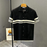 Women's Striped Hollow-Knit Cardigan – Short Sleeve Asymmetric Sweater