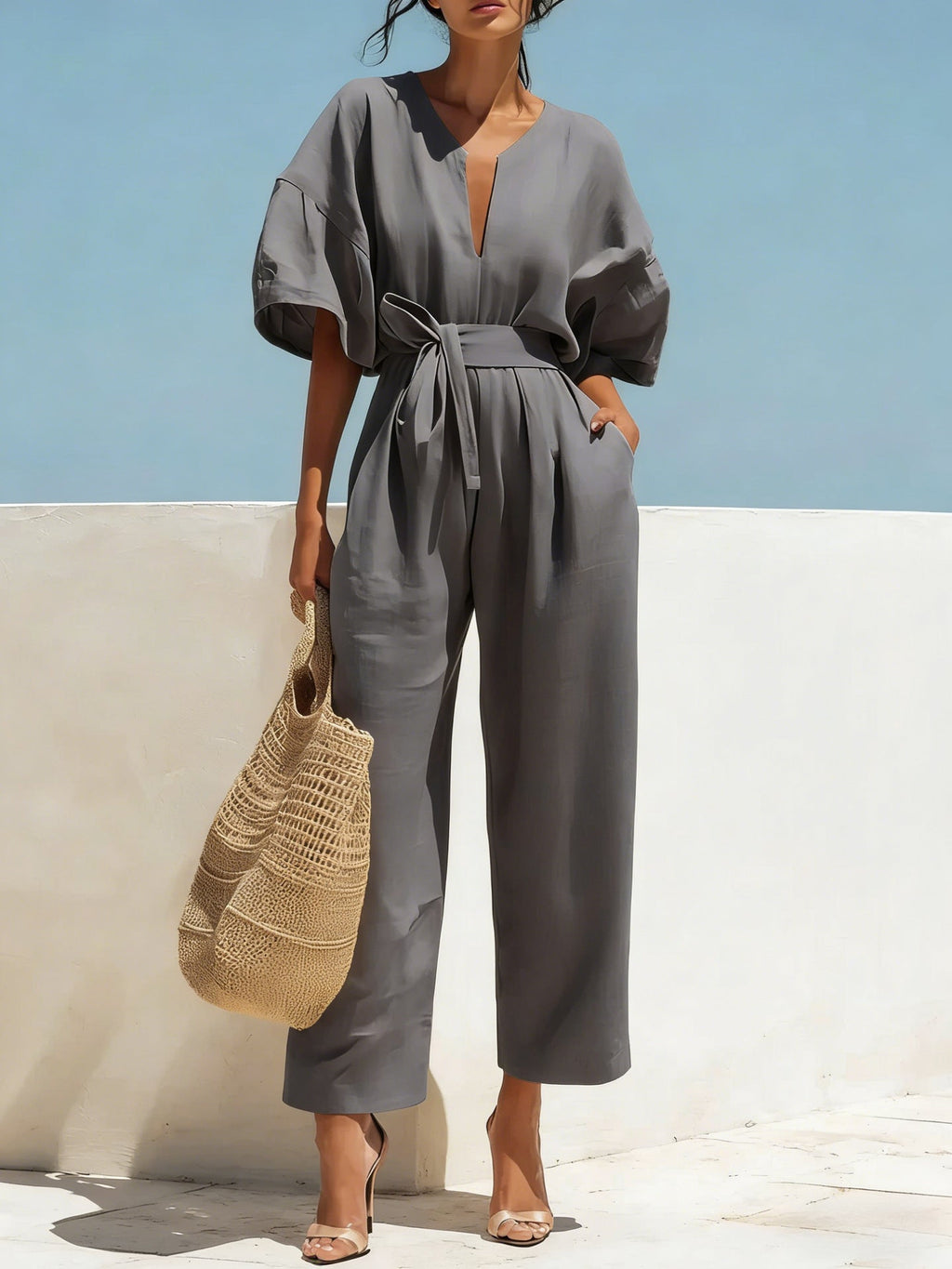 Fashionable V-Neck Solid Color Cotton-Linen Jumpsuit For Women What Else You Got?