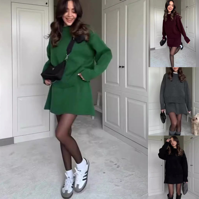 Sweater Skirt Sets For Women 2 Pieces Knit Casual Versatile Long Sleeve Pullover Elegant Solid High Waist Mini Skirt Outfit What Else You Got?
