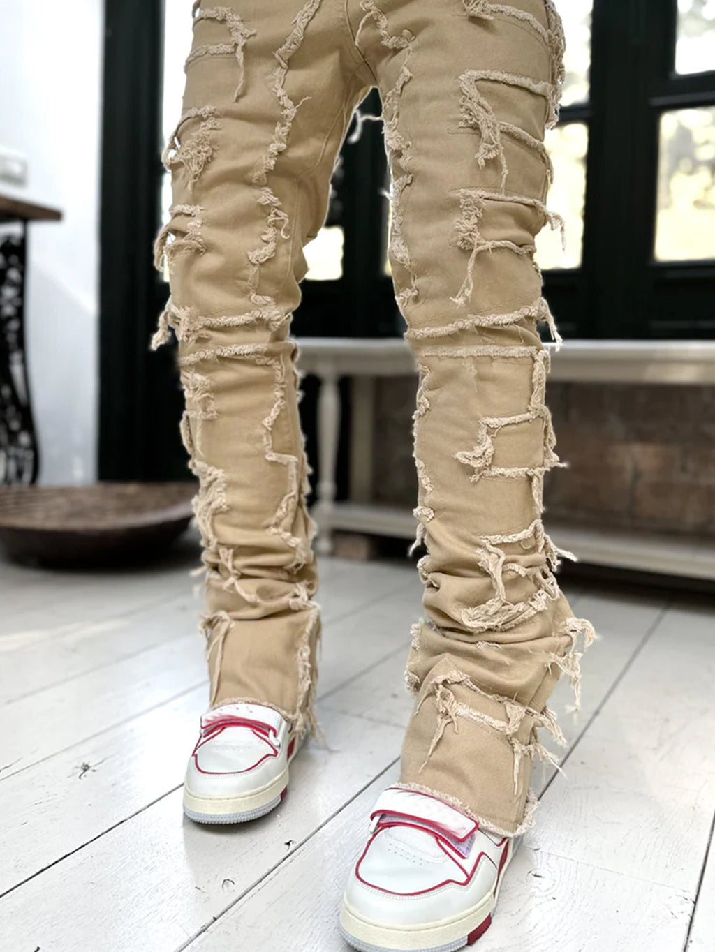 Men’s Stacked Ripped Patch Jeans – INS Fringe Streetwear Slim Fit Trousers What Else You Got?