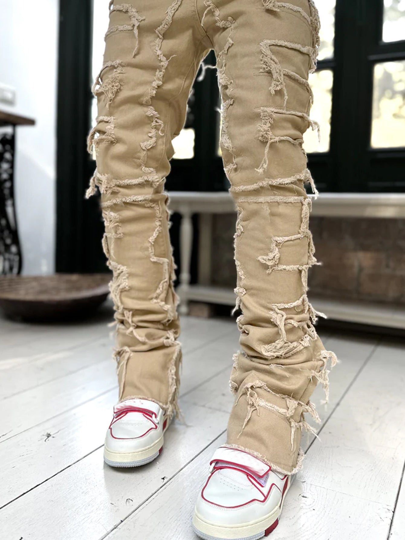 Men’s Stacked Ripped Patch Jeans – INS Fringe Streetwear Slim Fit Trousers What Else You Got?