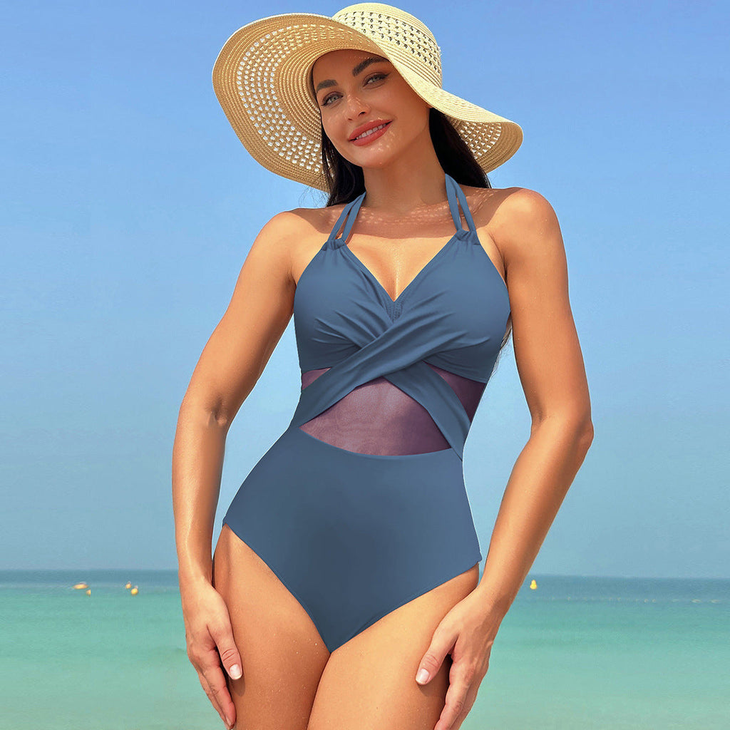 Halter-neck One-piece Swimsuit Summer Solid Color Cross-strap Design Mesh Bikini Beach Vacation Womens Clothing What Else You Got?