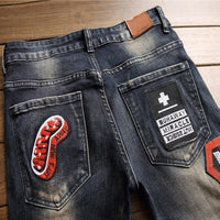 Men's Stylish Badge Patch Ripped Jeans - European & American Fit